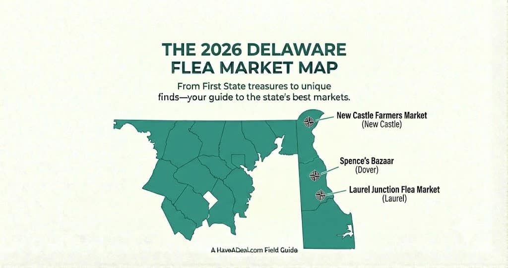 An illustrated 2026 map of Delaware highlighting top local flea markets and vintage shopping locations, produced by Have A Deal.