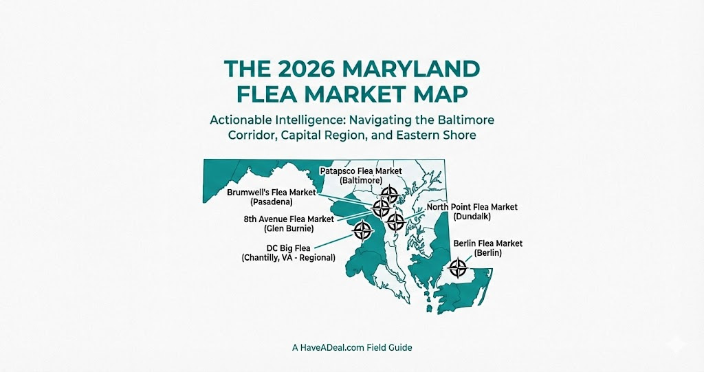 An illustrated 2026 map of Maryland highlighting top local flea markets and vintage shopping locations, produced by Have A Deal.