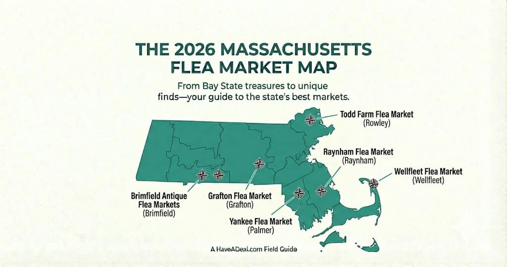 An illustrated 2026 map of Massachusetts highlighting top local flea markets and vintage shopping locations, produced by Have A Deal.