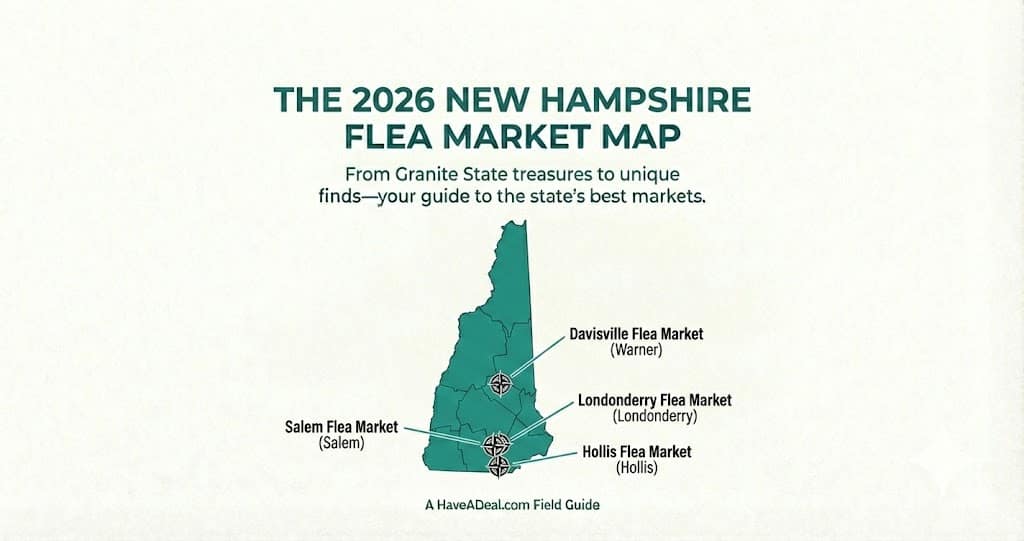 An illustrated 2026 map of New Hampshire highlighting top local flea markets and vintage shopping locations, produced by Have A Deal.