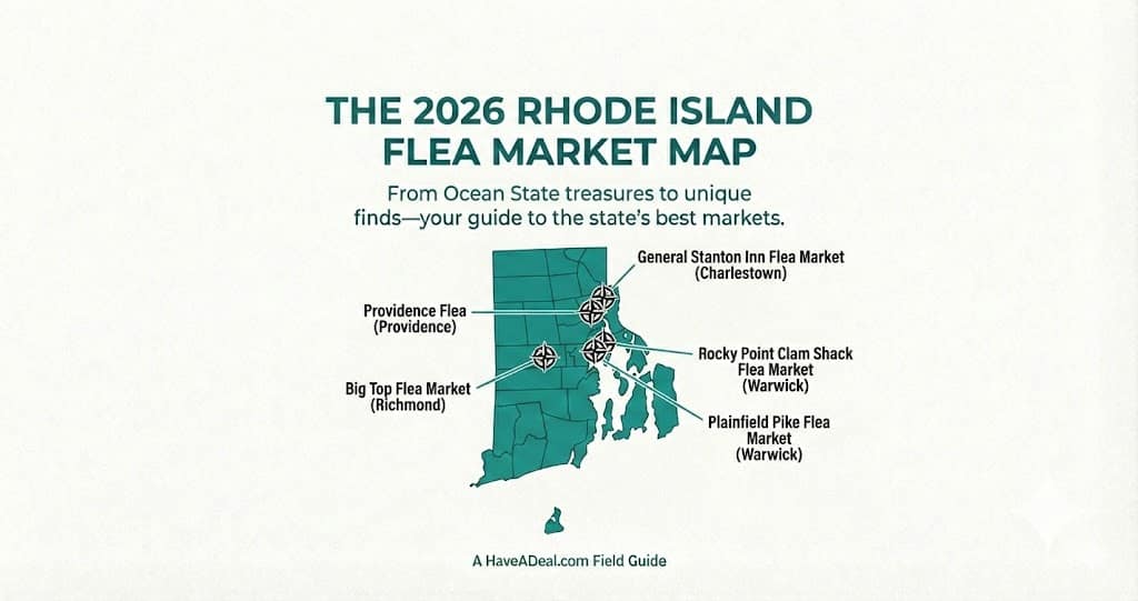 An illustrated 2026 map of Rhode Island highlighting top local flea markets and vintage shopping locations, produced by Have A Deal.