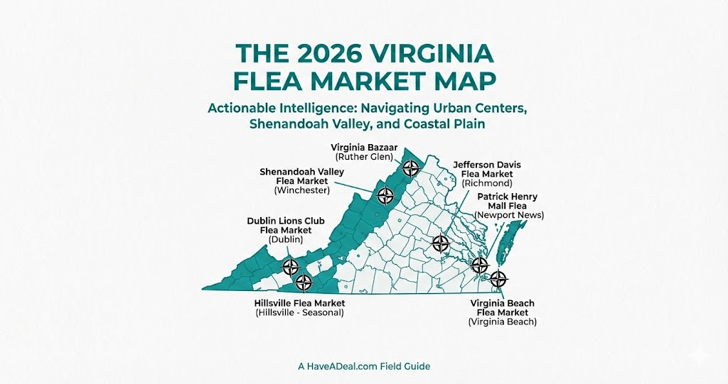 An illustrated 2026 map of Virginia highlighting top local flea markets and vintage shopping locations, produced by Have A Deal.
