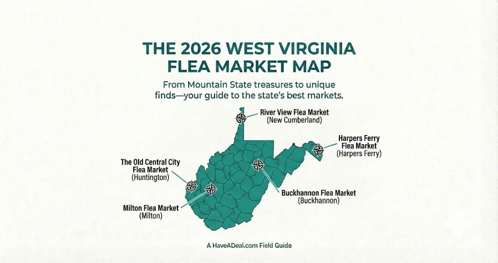 An illustrated 2026 map of West Virginia highlighting top local flea markets and vintage shopping locations, produced by Have A Deal.
