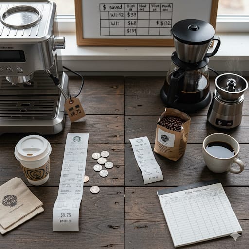 Coffee shop receipt and coins next to home espresso machine with savings tracker showing weekly coffee budget comparison